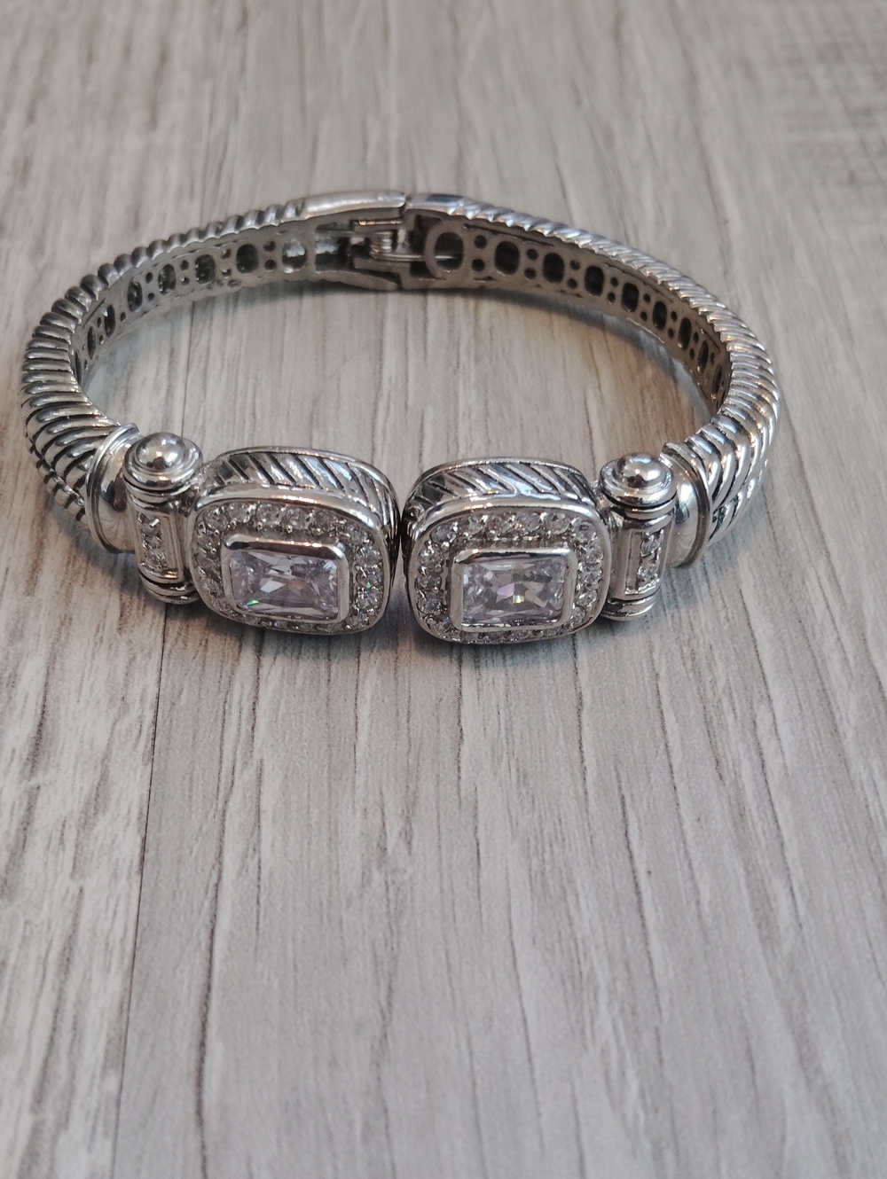 Silver-Tone Crystal Square Hinged Bangle Bracelet